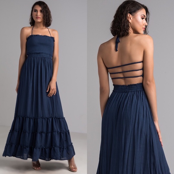 🌞 •LAST 1• Navy Halter Strappy Maxi Boho Dress - Picture 2 of 5